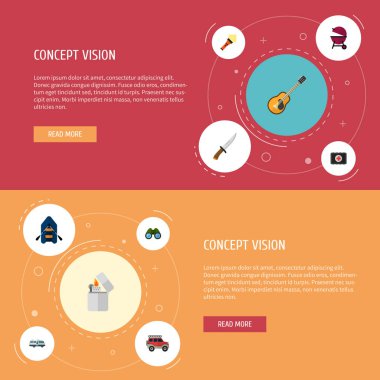 Kamp simgeler düz stil sembollerle kauçuk tekne, dürbün, bıçak ve web mobil app logo tasarımı için diğer simgeler kümesi.