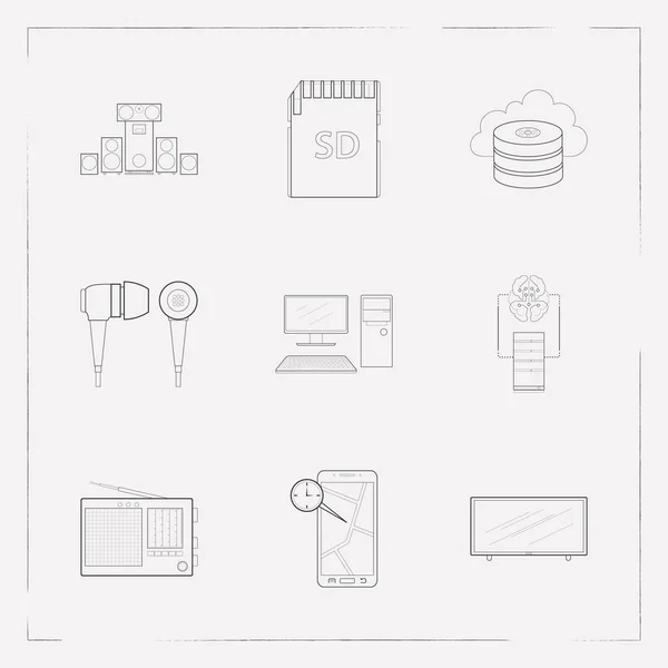 Set of tech icons line style symbols with earphone, radio, computer and other icons for your web mobile app logo design.