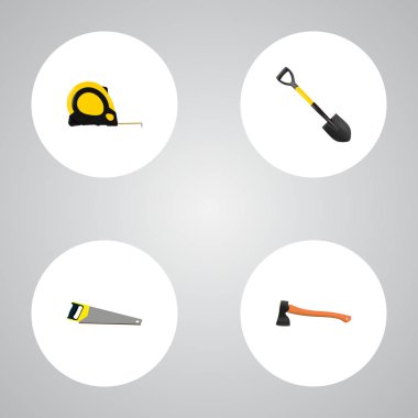 Ax, ölçü birimi teyp, kürek ve diğer simgeler web mobil app logo tasarımı için aletleri gerçekçi simgeler kümesi.