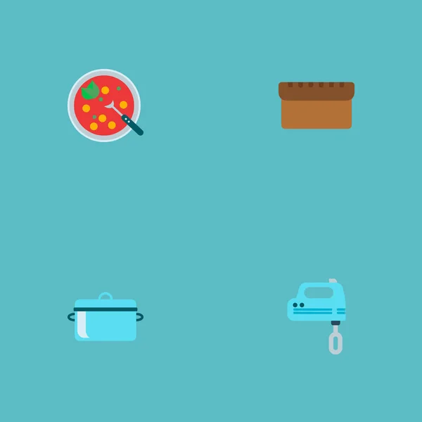 Mikser, çorba, ekmek ve diğer simgeler web mobil app logo tasarımı için mutfak simgeler düz stil sembollerle kümesi. — Stok fotoğraf