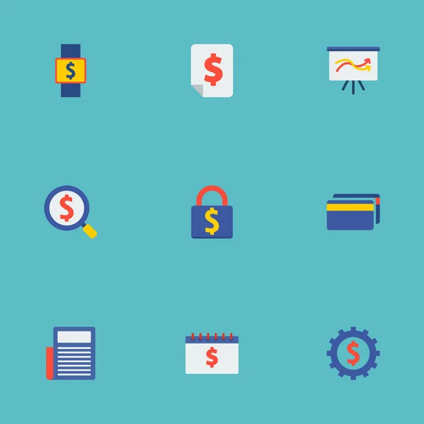 Set von Finanzsymbolen Flache Stil-Symbole mit Präsentation, Smart Watch, Schloss und andere Symbole für Ihre Web-Mobile App Logo-Design. — Stockvektor