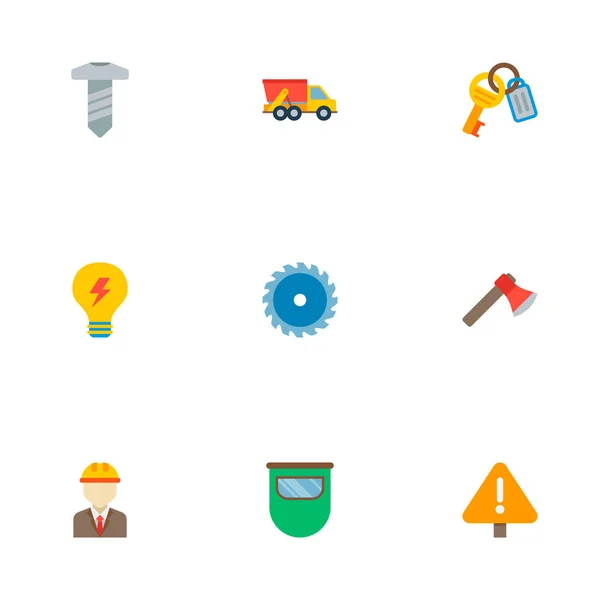 Набор промышленных иконок с плоским стилем символов с винтом, лицевой стороной, топором и другими иконками для дизайна логотипа вашего веб-мобильного приложения . — стоковый вектор