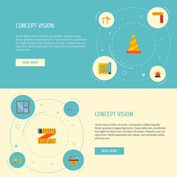一套建筑图标平面样式符号与工具在框, 窗格, 尺子和其他图标为您的网络移动应用程序徽标设计. — 图库矢量图片