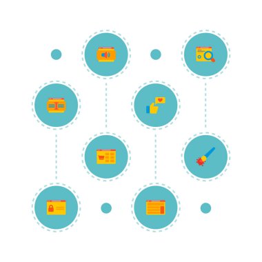 Web sitesi geliştirme simgeler düz stil sembolleri Web sitesi test, Web sitesi metin, giriş sayfası ve web mobil app logo tasarımı için diğer simgeler kümesi.