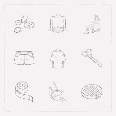 Giysi simgeler çizgi stili sembolleri moda kroki, terzi makası, düşük önyargı rulo ve diğer simgeler web mobil app logo tasarımı için kümesi.