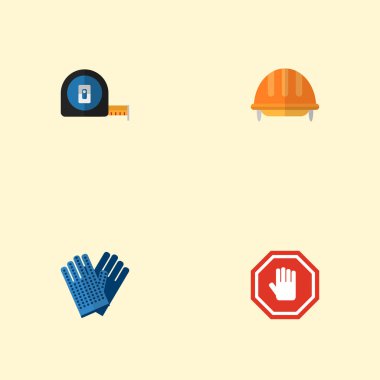 Kask, mezura, iş eldivenleri ve diğer simgeler web mobil app logo tasarımı için inşaat simgeler düz stil sembollerle kümesi.