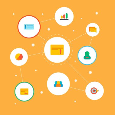 Açıklama, pasta grafik, yorum ve diğer simgeler web mobil app logo tasarımı için yönetim simgeleri düz stil sembollerle kümesi.