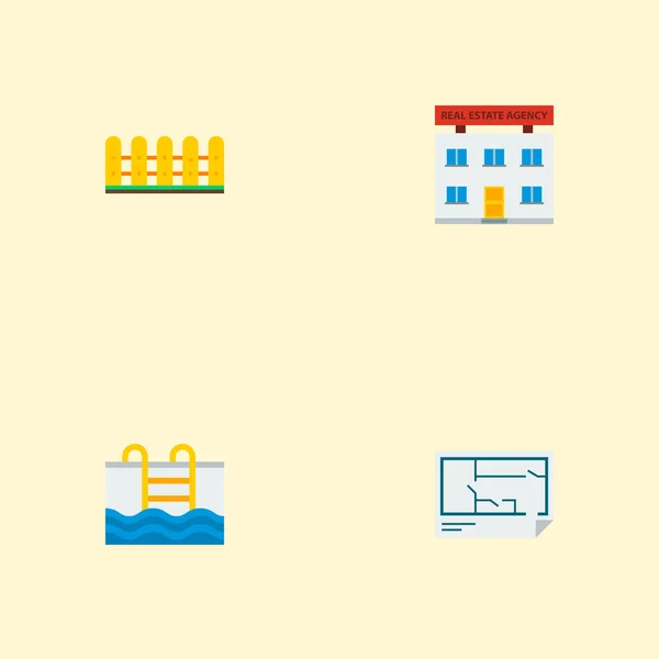 Készlet-ból ingatlan ikonok lapos stílusú szimbólumok kerítés, alaprajz, office és más ikonok a webes mozgatható app logo tervezés. — Stock Fotó