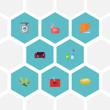 Simgeler düz stil sembollerle temiz bez, Oda temizliği, sabun ve diğer simgeler web mobil app logo tasarımı için temizlik seti.