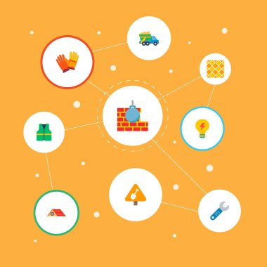 İnşaat simgeler düz stil sembolleri ile topu, çöp kamyonu, elektrik ve diğer simgeler web mobil app logo tasarımı için bozma kümesi.