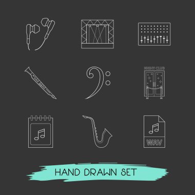 Dizi melodi simgeler çizgi stili sembolleri konser sahne, bas nota anahtarı, klarnet ve diğer simgeler web mobil app logo tasarımı için.