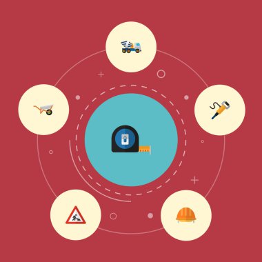 El arabası, mezura, beton mikseri ve diğer simgeler web mobil app logo tasarımı için sanayi simgeleri düz stil sembollerle kümesi.