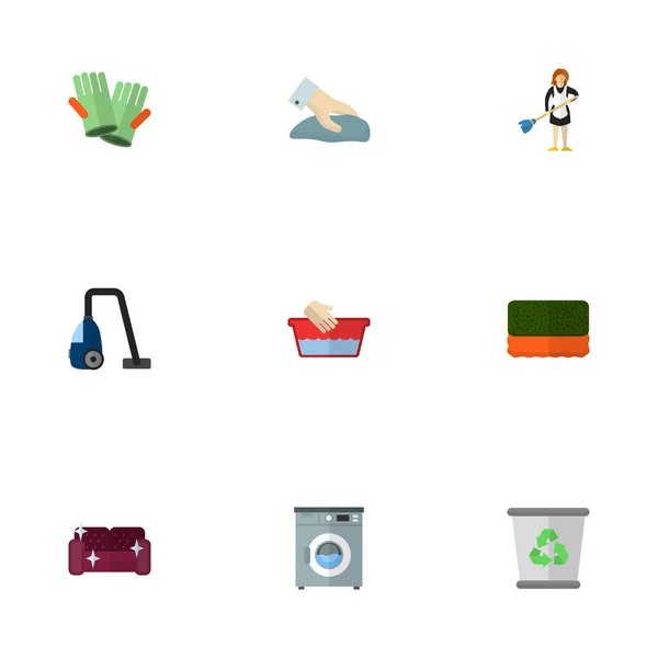 Set de pictograme de curățare simboluri în stil plat cu aspirator, burete, mănuși de curățare și alte pictograme pentru designul logo-ului aplicației mobile web . — Fotografie, imagine de stoc