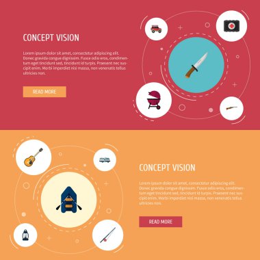 Kamp simgeler düz stil sembollerle çubuk, bıçak, kauçuk tekne ve web mobil app logo tasarımı için diğer simgeler kümesi.
