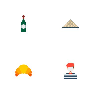 Louvre Musée du Louvre, MIME, kruvasan ve diğer simgeler web mobil app logo tasarımı için ülke simgeleri düz stil sembollerle kümesi.