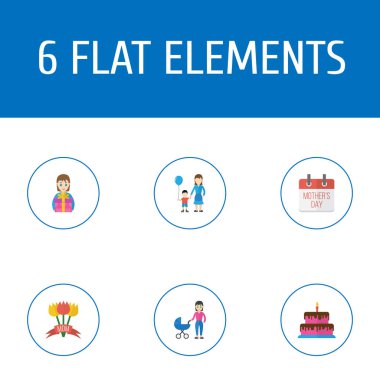 Mutlu anneler günü simgesi düzen tasarım kadın, perambulator ve kek sembolleri ile düz. Güzel anne güzel kadınsı tasarım için sosyal, web ve baskı.