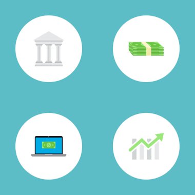Set simgeleri düz stil sembollerle maaş, dizüstü bilgisayar, adliye ve diğer simgeler web mobil app logo tasarımı için bankacılık.