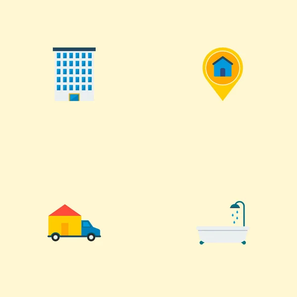 Conjunto de iconos inmobiliarios símbolos de estilo plano con ubicación, bañera, entrega y otros iconos para el diseño del logotipo de su aplicación móvil web . — Vector de stock