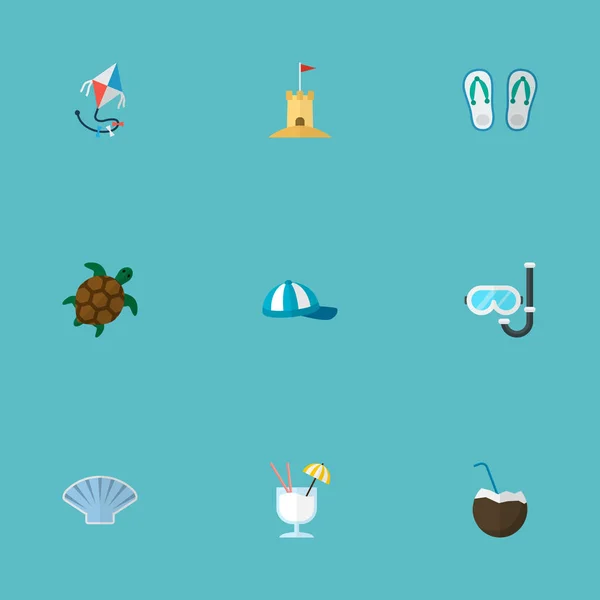Σύνολο εικονιδίων παραλία επίπεδη στυλ σύμβολα με flip flop, kite, ποτό καρύδας και άλλα εικονίδια για το σχεδιασμό λογοτύπου σας web εφαρμογή για κινητά. — Διανυσματικό Αρχείο