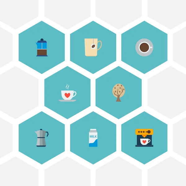 Conjunto de ícones de café símbolos de estilo plano com cápsula de café, leite de bolso, árvore e outros ícones para o design do logotipo do aplicativo móvel da web . —  Vetores de Stock
