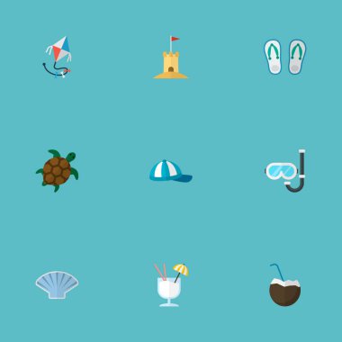 Set beach simgeler düz stil sembolleri ile flip flop, uçurtma, Hindistan cevizi içecek ve diğer simgeler web mobil app logo tasarımı için.
