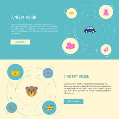 Bebek ayaklar, tren, oyuncak araba ve diğer simgeler web mobil app logo tasarımı için bebek simgeler düz stil sembollerle kümesi.