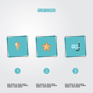 Dondurma, deniz yıldızı, Dalış maske ve diğer simgeler web mobil app logo tasarımı için plaj simgeler düz stil sembollerle kümesi.