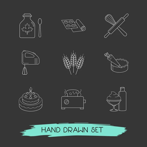 Set of food icons line style symbols with birthday cake, cream decorator tool, wheat and other icons for your web mobile app logo design.