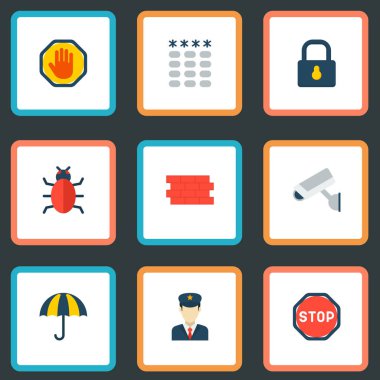 Parola, gözetim, çit ve diğer simgeler web mobil app logo tasarımı için Emanet simgeler düz stil sembollerle kümesi.