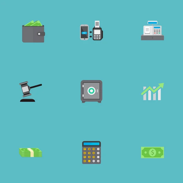 Uppsättning av banking ikoner platt stil symboler med kassaregister, kalkylator, framsteg diagram och andra ikoner för din mobilapp logotyp webbdesign. — Stock vektor