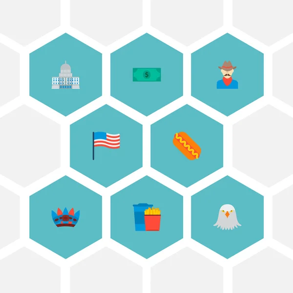 Conjunto de ícones da América símbolos de estilo plano com fast food, dólar, ícones americanos nativos e outros para o design do logotipo do seu aplicativo móvel web . —  Vetores de Stock