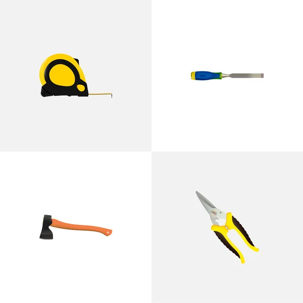 Conjunto de herramientas de símbolos realistas con hacha, cinta métrica, cizalla y otros iconos para el diseño del logotipo de su aplicación móvil web . — Foto de Stock