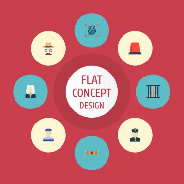 Hapishane, suç mahalli, parmak izi ve diğer simgeler web mobil app logo tasarımı için suç simgeler düz stil sembollerle kümesi.