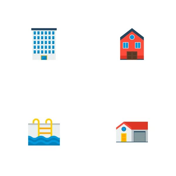 Set Onroerende Pictogrammen Vlakke Stijl Symbolen Met Huis Huis Zwembad — Stockvector