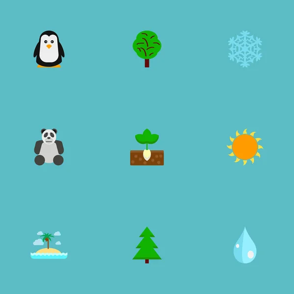Set Von Grünen Symbolen Flache Stil Symbole Mit Fichte Pinguin — Stockvektor