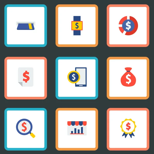 Uppsättning av finans ikoner platt stil symboler med sökning, award, rapport och andra ikoner för din mobilapp logotyp webbdesign. — Stock vektor