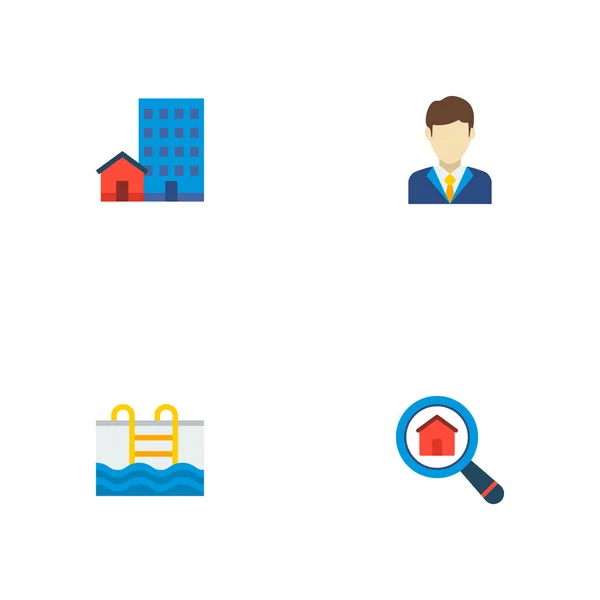 Conjunto de iconos inmobiliarios símbolos de estilo plano con piscina, agente inmobiliario, opciones y otros iconos para el diseño del logotipo de su aplicación móvil web . — Archivo Imágenes Vectoriales