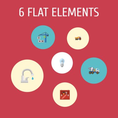 Damperli kamyon, musluk suyu, beton mikseri ve diğer simgeler web mobil app logo tasarımı için sanayi simgeleri düz stil sembollerle kümesi.