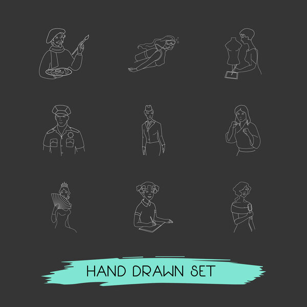 Набор персонализированных иконок в стиле линии символов с аквалангом, полицией, вокалистом и другими иконками для дизайна логотипа вашего мобильного веб-приложения
.