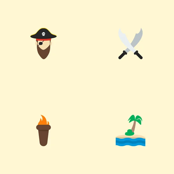 一套盗版图标平面样式符号与海盗, 岛屿, 火炬图标为您的网络移动应用程序徽标设计. — 图库照片