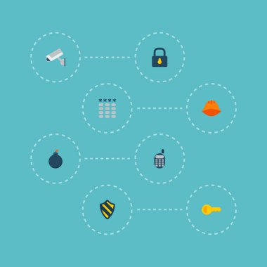 Güvenlik simgeleri düz stil sembolleri ile telefon, kask, gözetim ve web mobil app logo tasarımı için diğer simgeler kümesi.