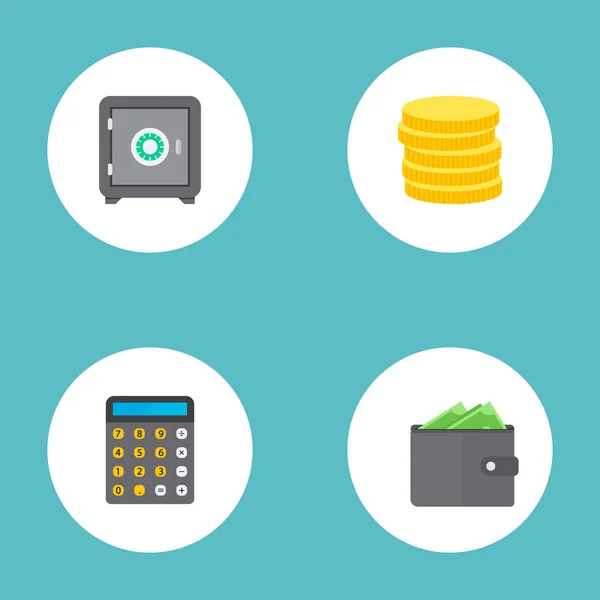 Conjunto de iconos bancarios símbolos de estilo plano con monedas, calculadora, caja fuerte y otros iconos para el diseño del logotipo de su aplicación móvil web . — Vector de stock