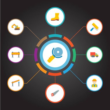 Dizi inşaat simgeler düz stil sembolleri ile elektrik, eli gördü, Oluşturucu simgeler web mobil app logo tasarımı için gördüm.