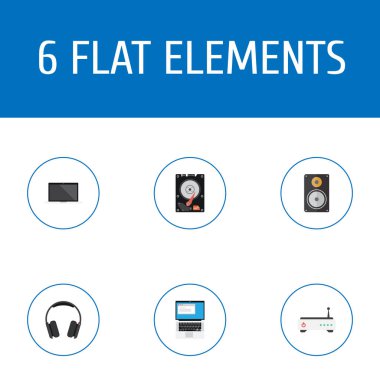 Bilgisayar simgeleri düz stil sembolleri, dizüstü bilgisayar, modem ve diğer simgeler web mobil app logo tasarımı için bir kulaklık ile kümesi.