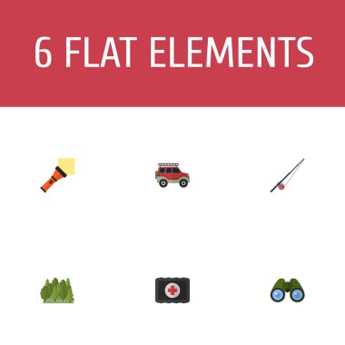 Kamp simgeler düz stil sembollerle pocket torch, dürbün, orman ve web mobil app logo tasarımı için diğer simgeler kümesi.