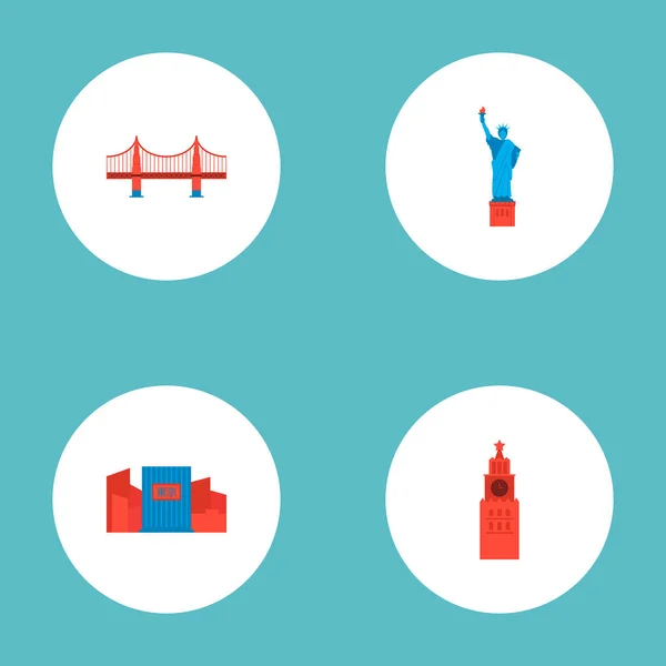 Set von Wahrzeichen Symbole flachen Stil Symbole mit goldenem Tor, shibuya, Freiheitsstatue und andere Symbole für Ihre Web-Handy-App Logo-Design. — Stockfoto