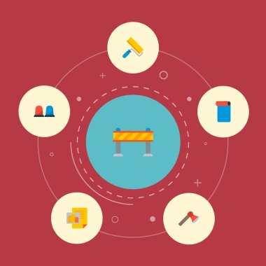 İnşaat işareti, duvar kağıdı, uyarı bariyer ve diğer simgeler web mobil app logo tasarımı için sanayi simgeleri düz stil sembollerle kümesi.