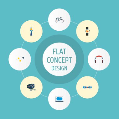 Modern simgeler düz stil sembollerle eylem cam, elektrikli bisiklet, akıllı izlemek ve web mobil app logo tasarımı için diğer simgeler kümesi.