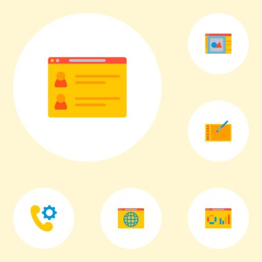 Geliştirme simgeler düz stil sembolleri team sayfa, web tarayıcısı, Web analytics ve web mobil app logo tasarımı için diğer simgeler kümesi.