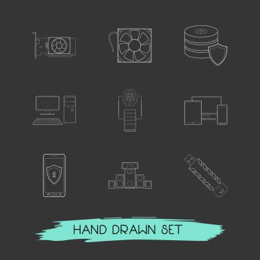 Mobil güvenlik, ses sistemi, ekran kartı ve diğer simgeler web mobil app logo tasarımı için elektronik simgeler çizgi stili sembollerle kümesi.